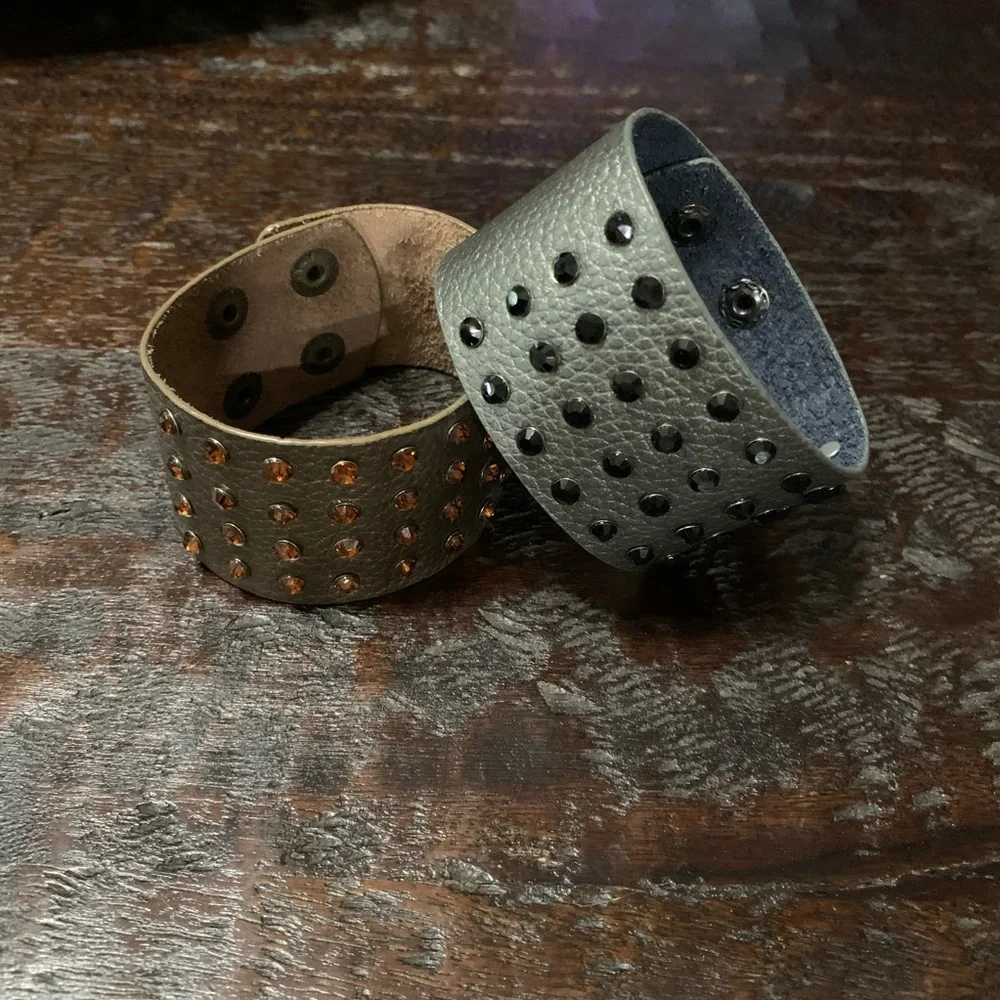 Brown leather cuff bracelet with brown rhinestones